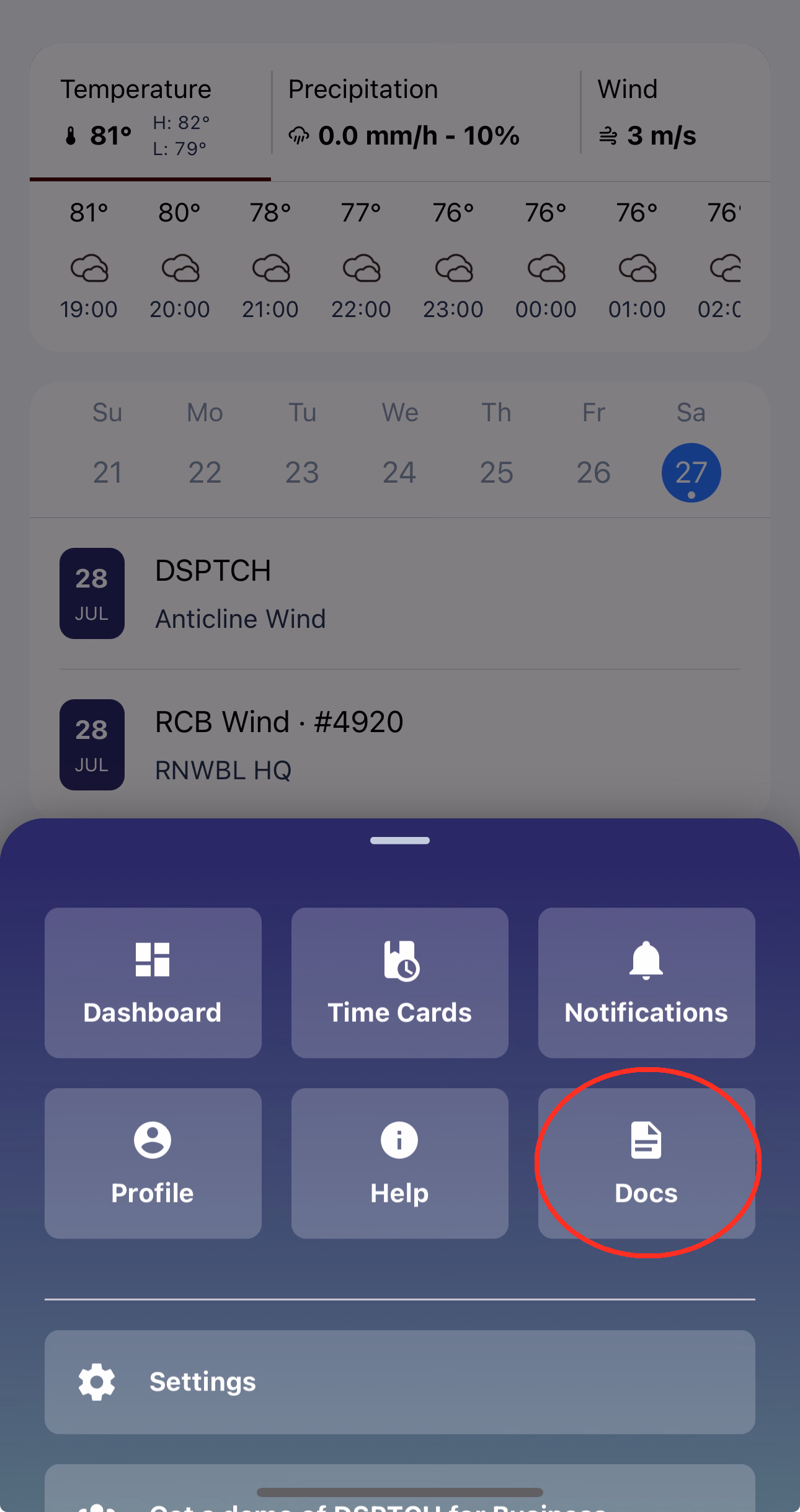 Central DSPTCH menu bottom sheet with the Docs button highlighted in red
