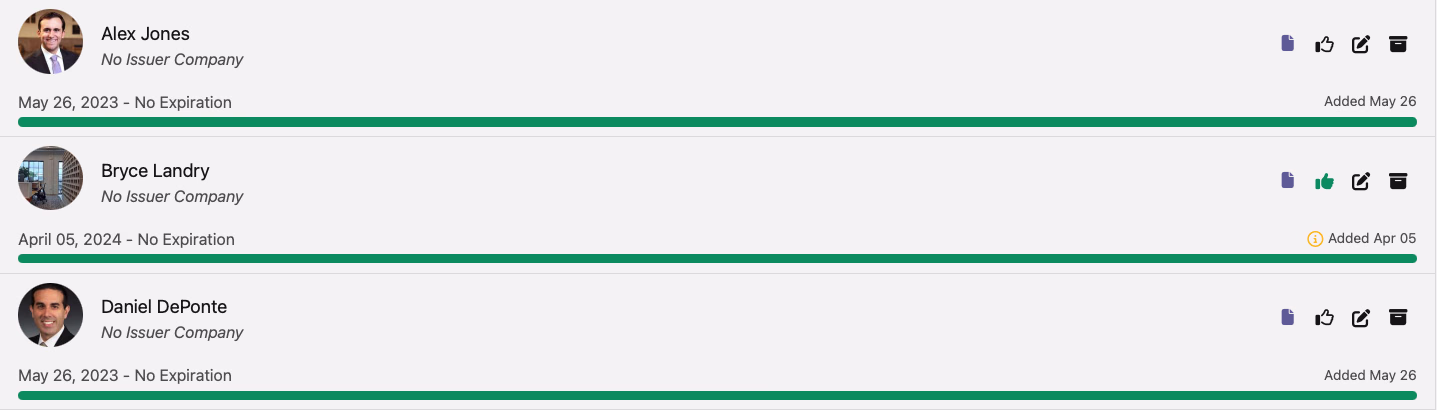 Certification page showing issue dates and expiration dates for each user
