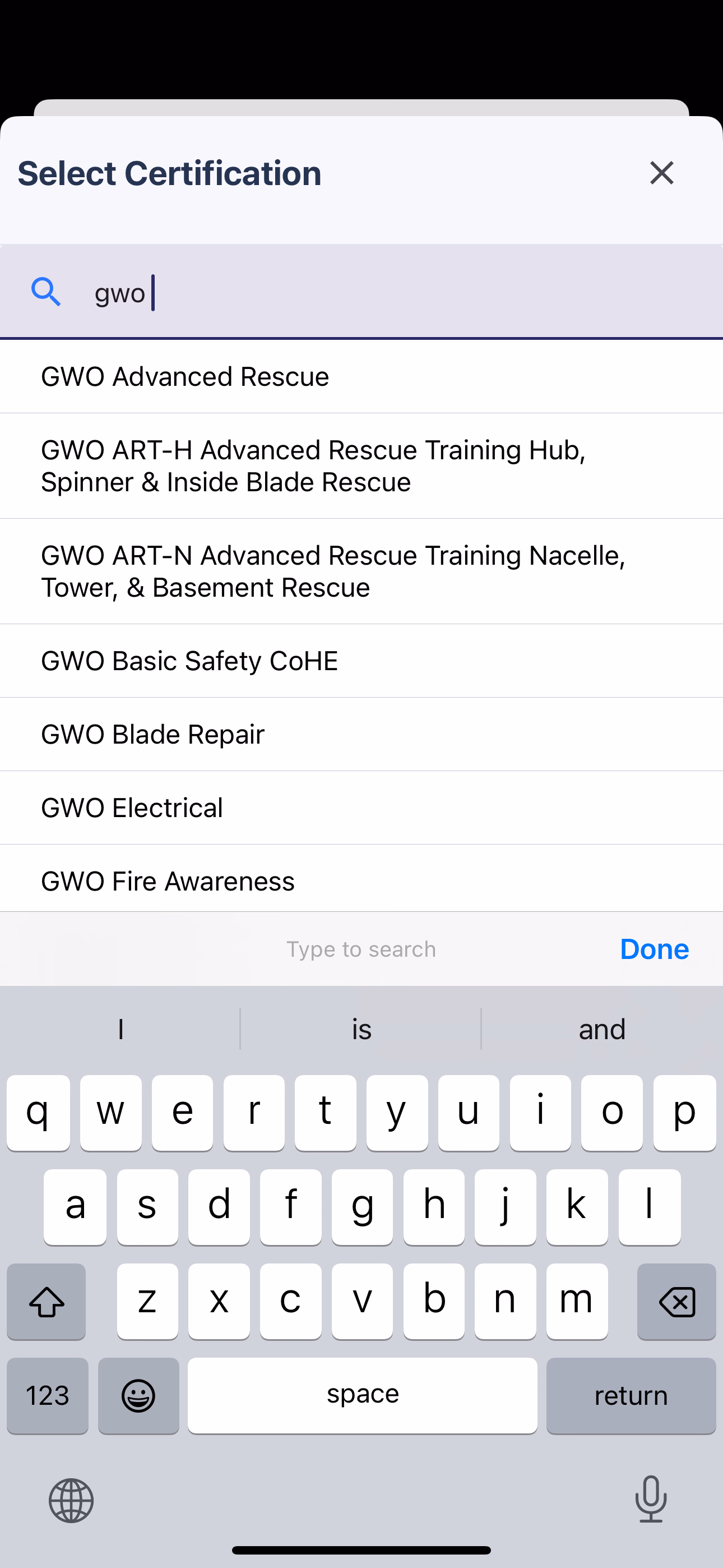 Select Certification dropdown with the search filtered to show GWO-related certifications