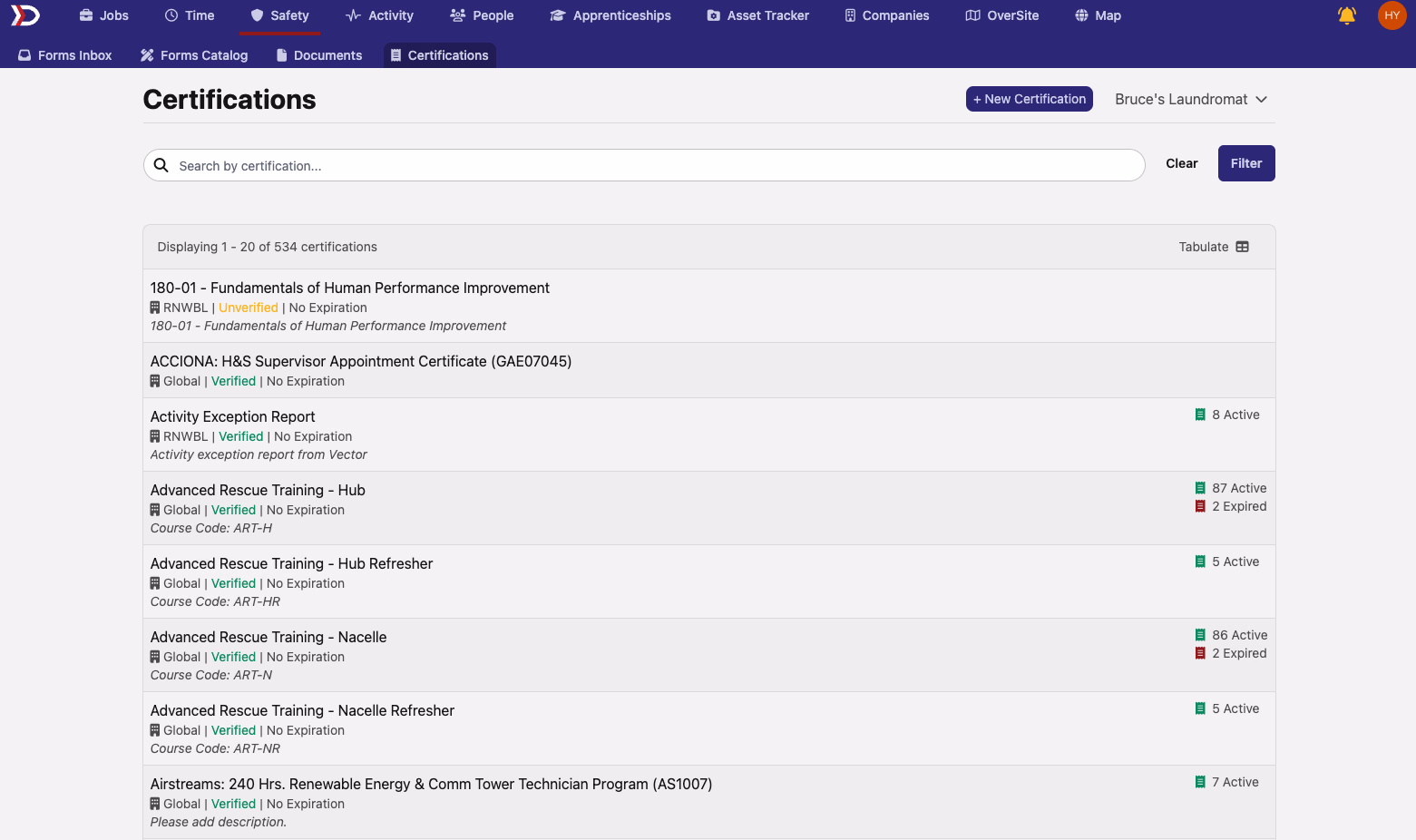 Certifications list showing example certification types with verification status