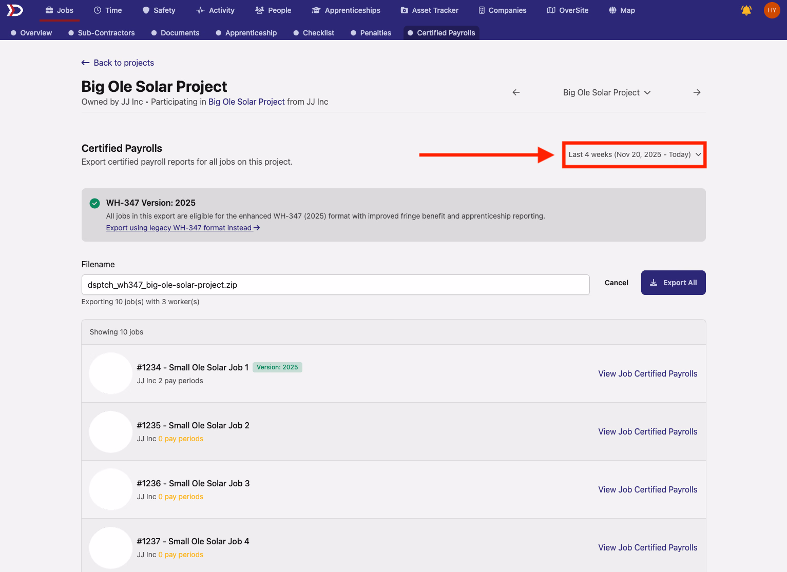 Certified Payrolls tab with date range selector highlighted in the top right