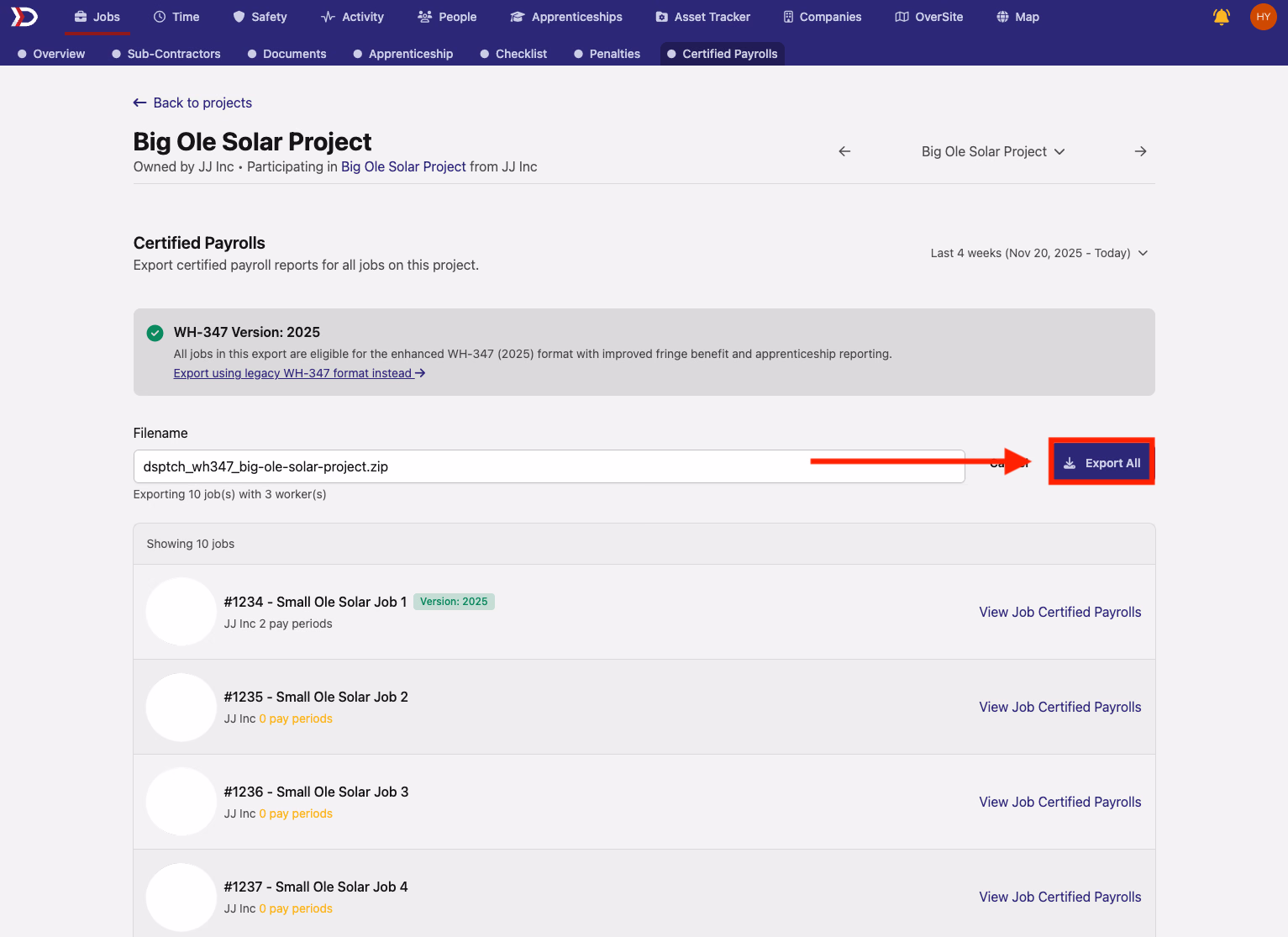Certified Payrolls tab with Export All button highlighted to initiate the export