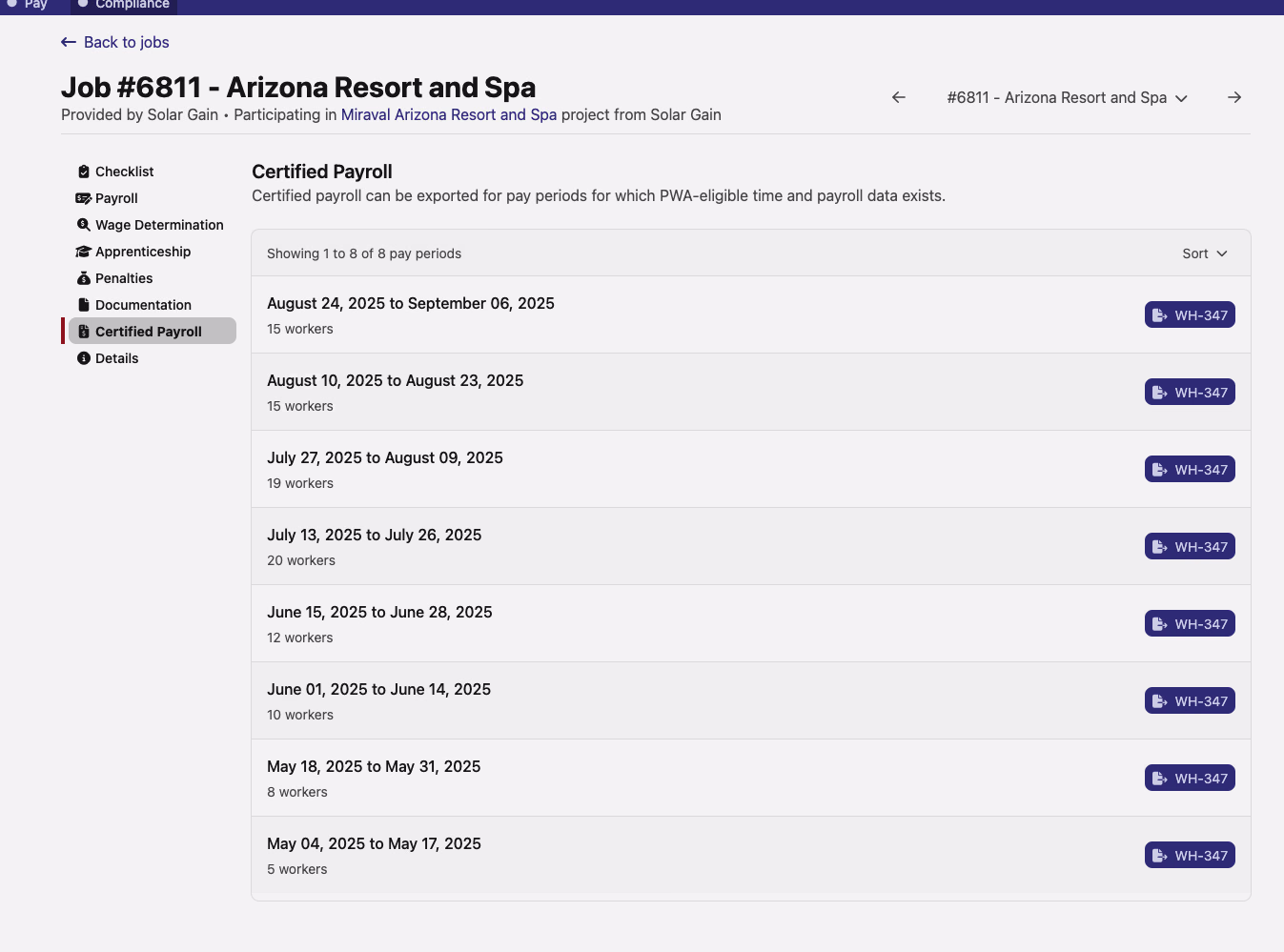 Certified Payroll tab on a PWA job showing a list of pay periods with date ranges, worker counts, and a WH-347 export button on each row