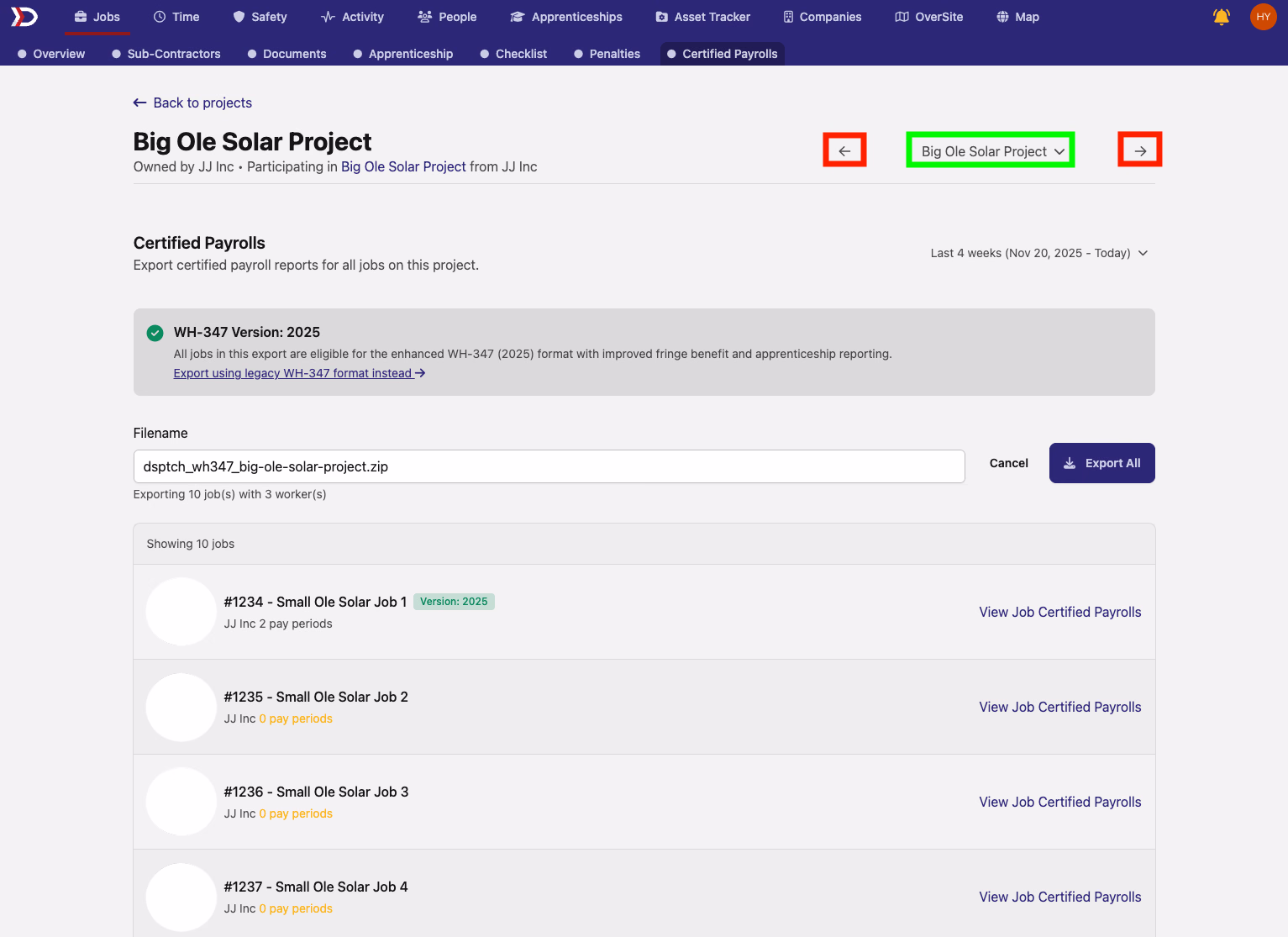 Certified Payrolls tab with left/right navigation arrows and project name dropdown highlighted
