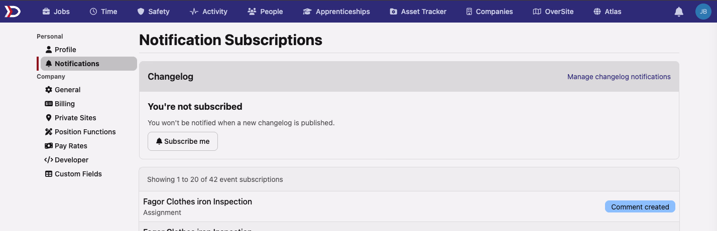 Notification Subscriptions settings page showing a Changelog section with a Subscribe me button and a link to manage changelog notifications
