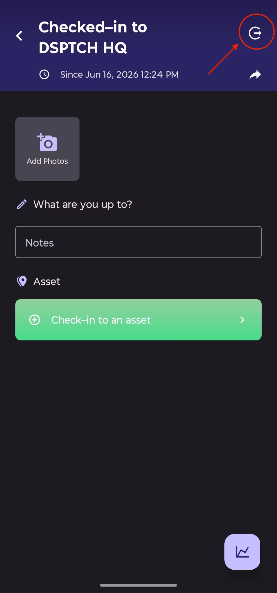 Top of the Check-in detail page showing the checkout icon in the top-right corner