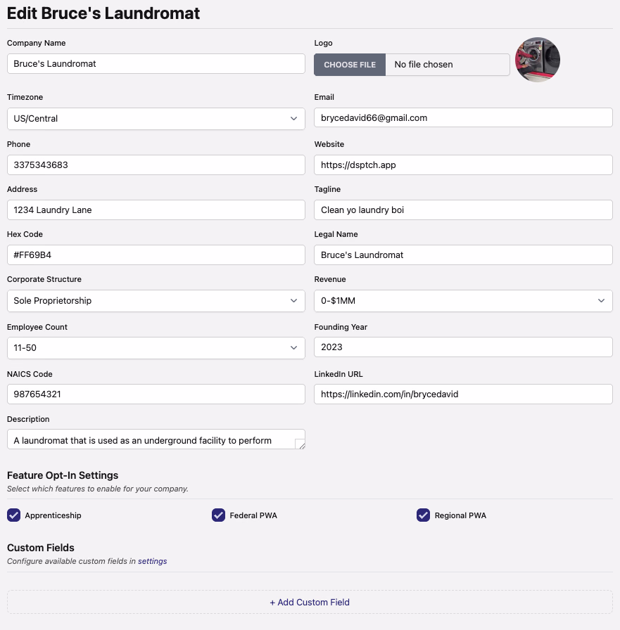 Edit Company form showing basic details fields including name, logo, timezone, email, phone, address, and feature opt-ins