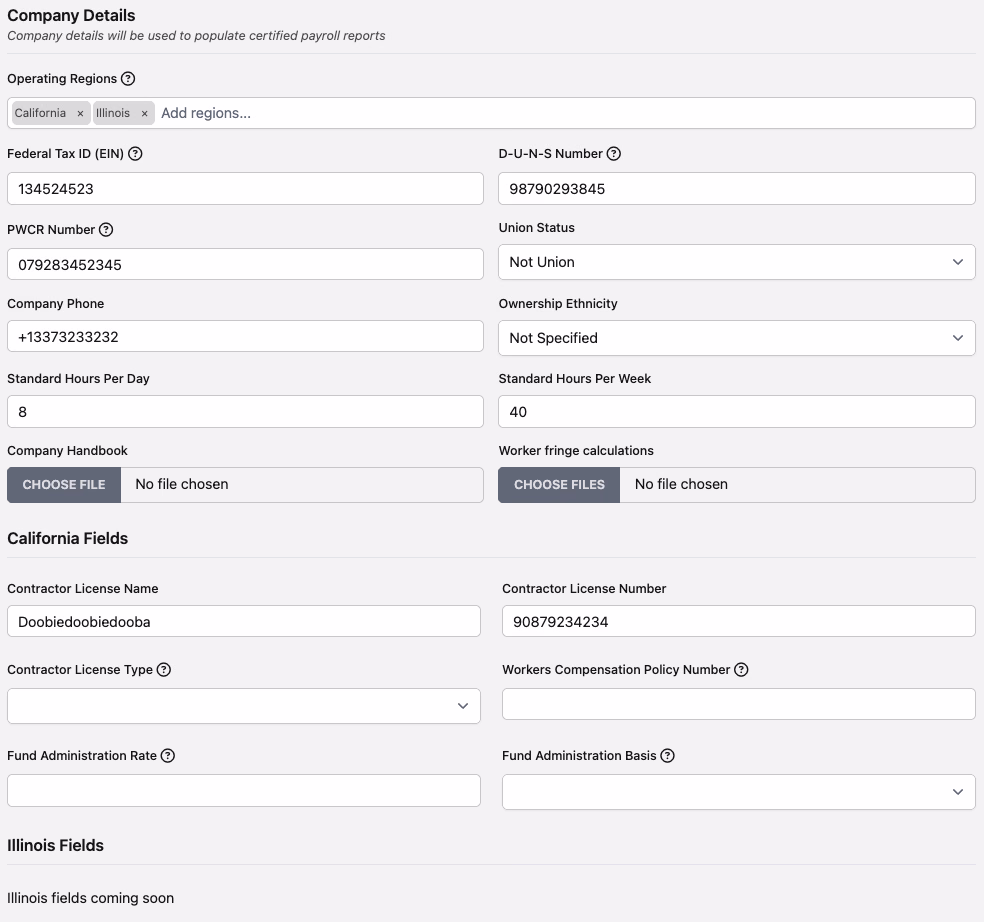Edit Company form showing company details fields including operating regions, tax ID, DUNS, PWCR, union status, and regional fields