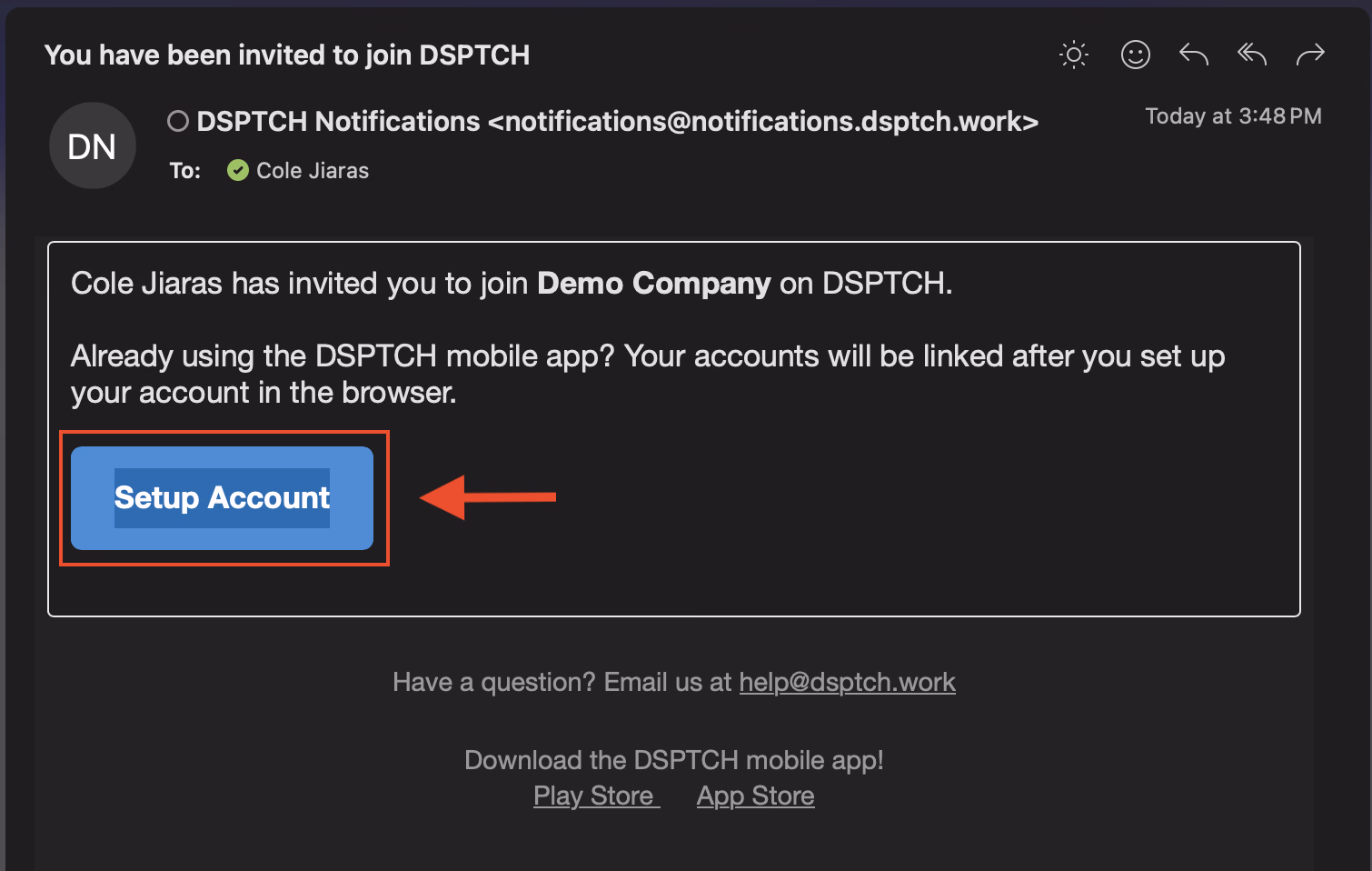 DSPTCH email invite with Setup Account button highlighted