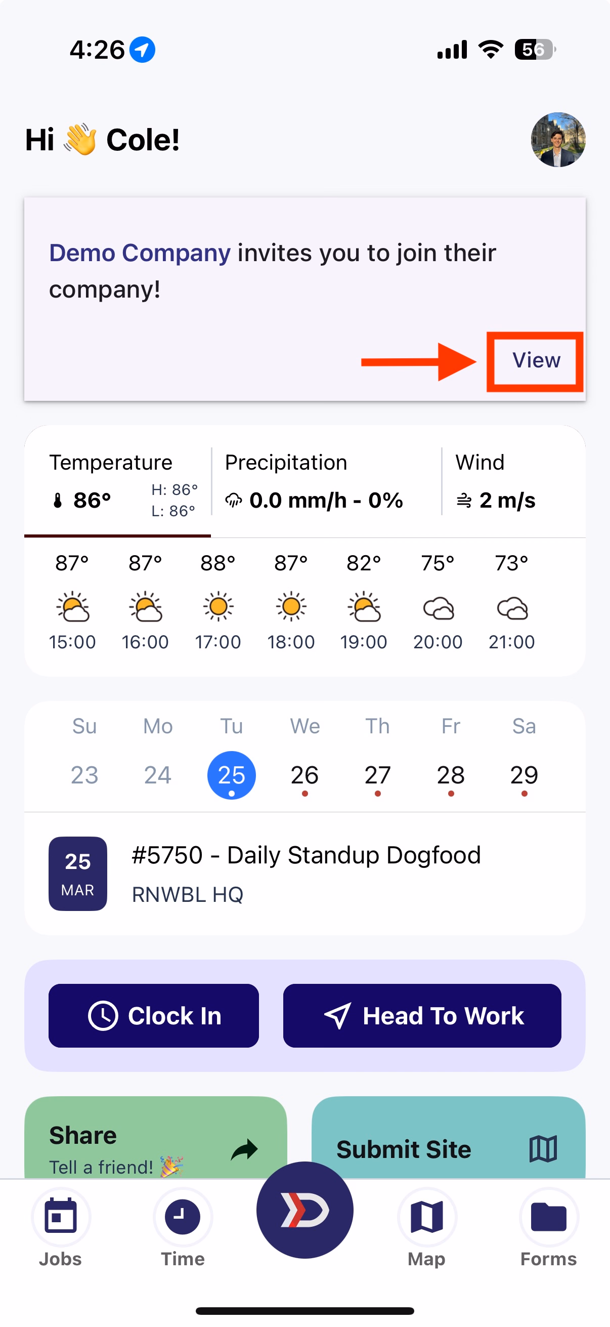 App dashboard showing company invite card with View button highlighted