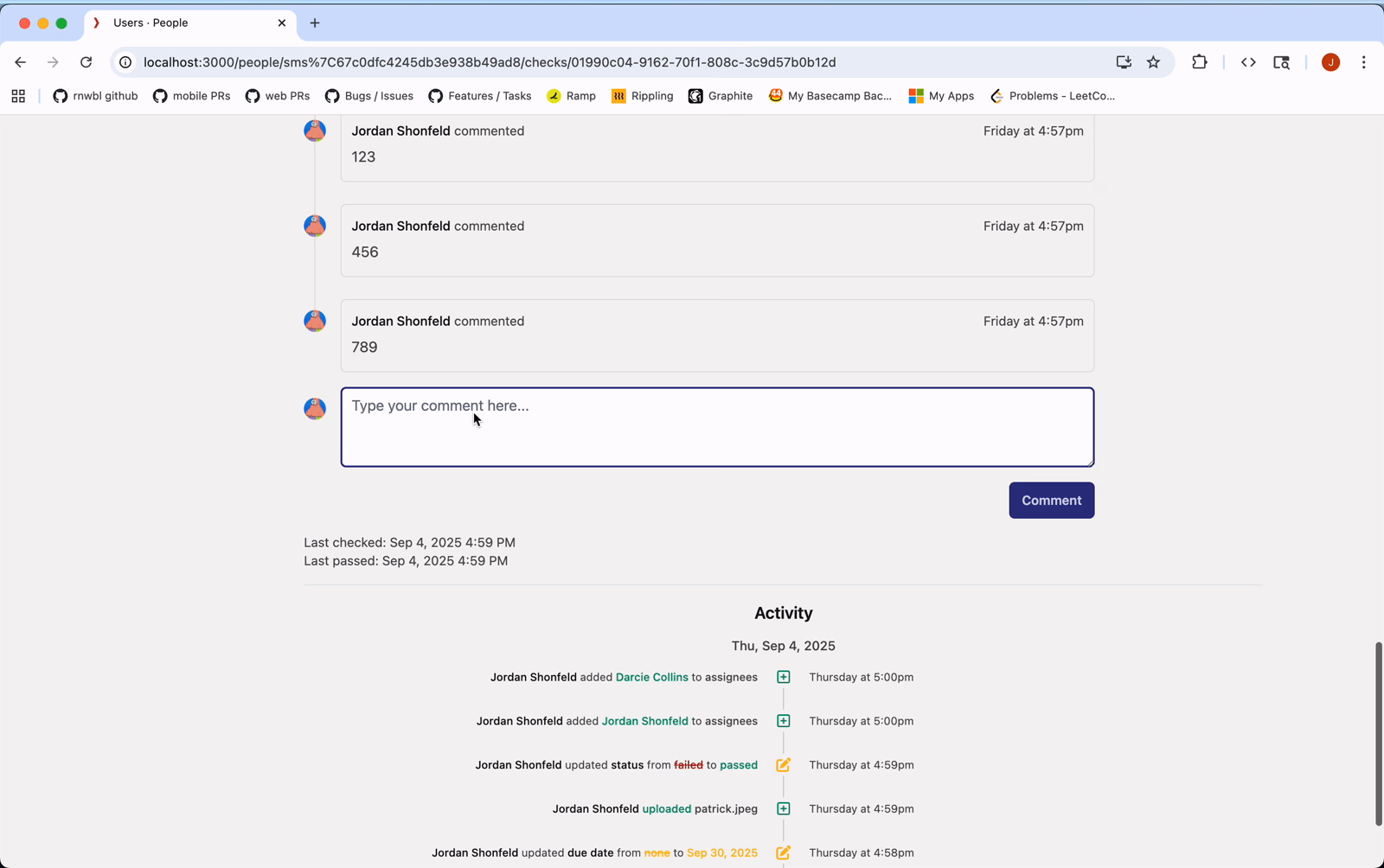 Compliance check detail showing a comment thread with three comments and a comment input box, with the Activity log below listing status changes, assignee additions, and file uploads