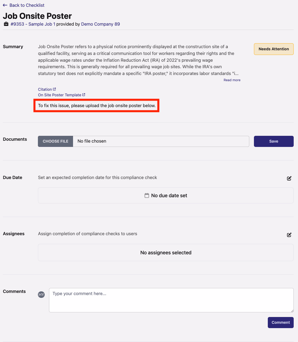 Compliance check row expanded showing step-by-step instructions to resolve the failing check