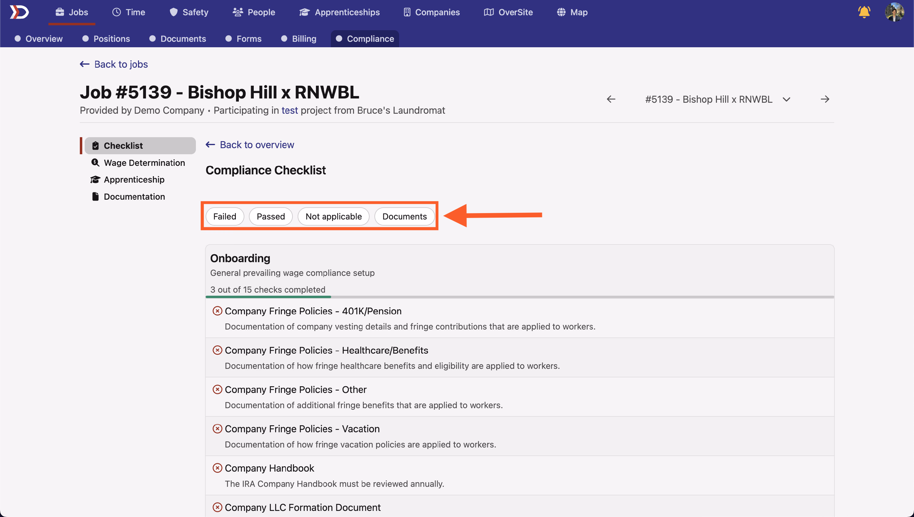 Compliance checklist with a filter applied showing filtered results by check status