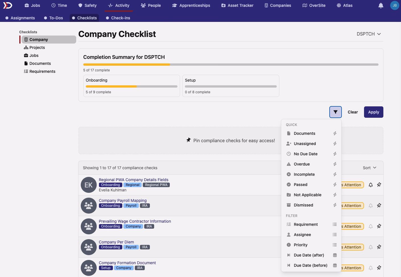 A company compliance checklist page with its filter panel open, showing quick filters for unassigned, overdue, incomplete, passed, and more