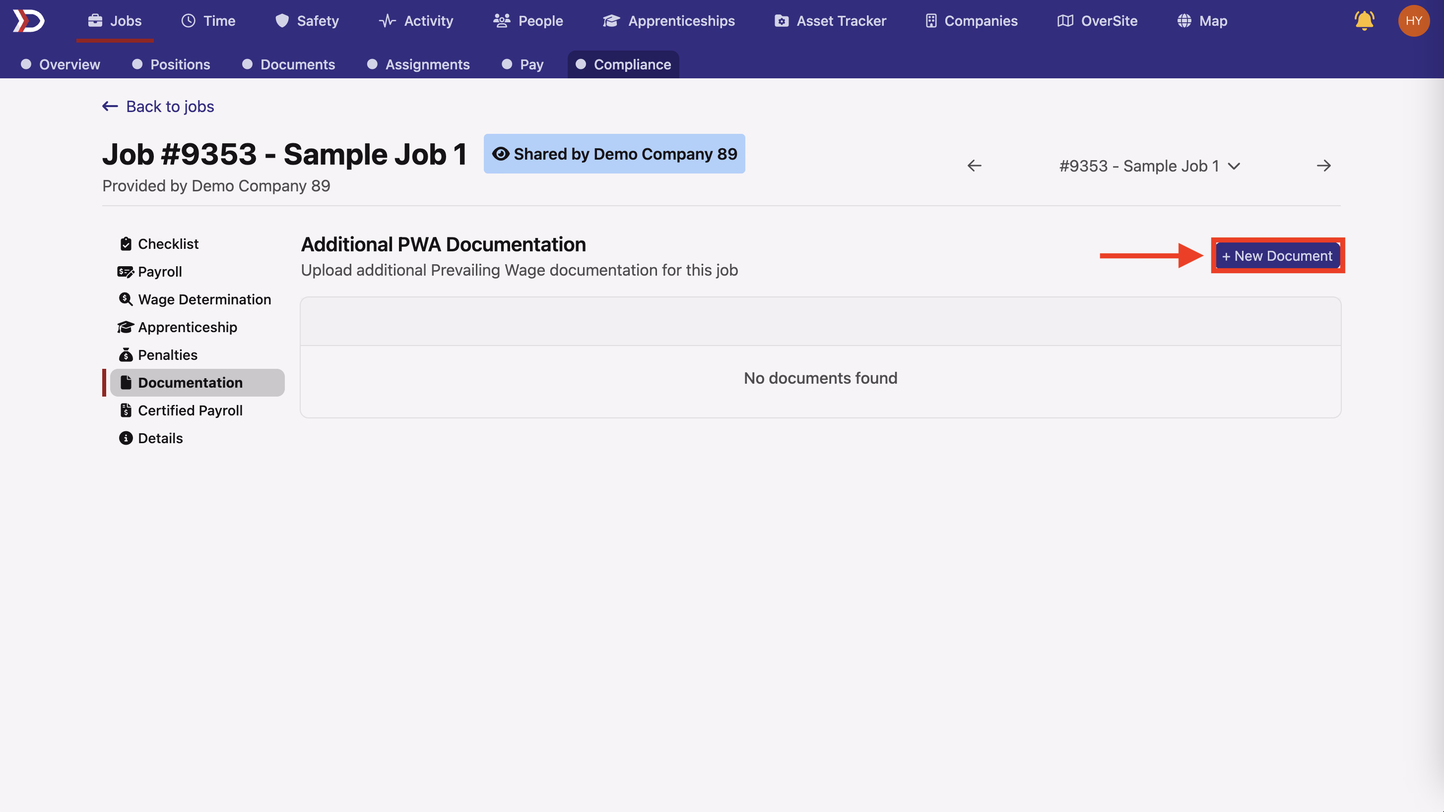 Compliance documentation page with the New Document button highlighted at top right