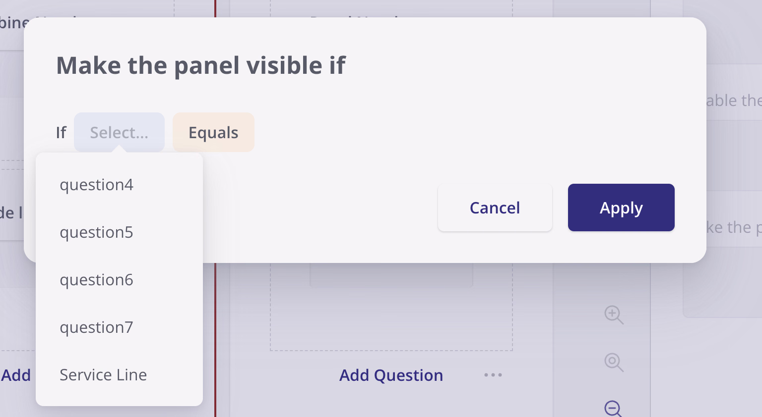 Condition dialog with the question dropdown open showing available form questions to choose from