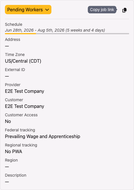 The job overview General Details card with a Copy job link tooltip on hover