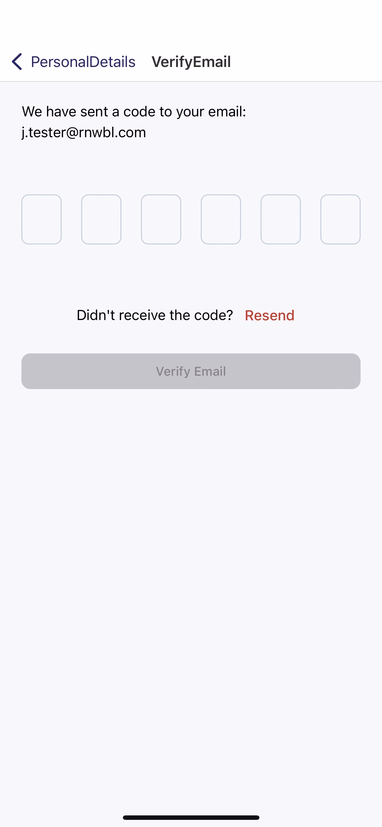 VerifyEmail screen with six-digit code entry boxes