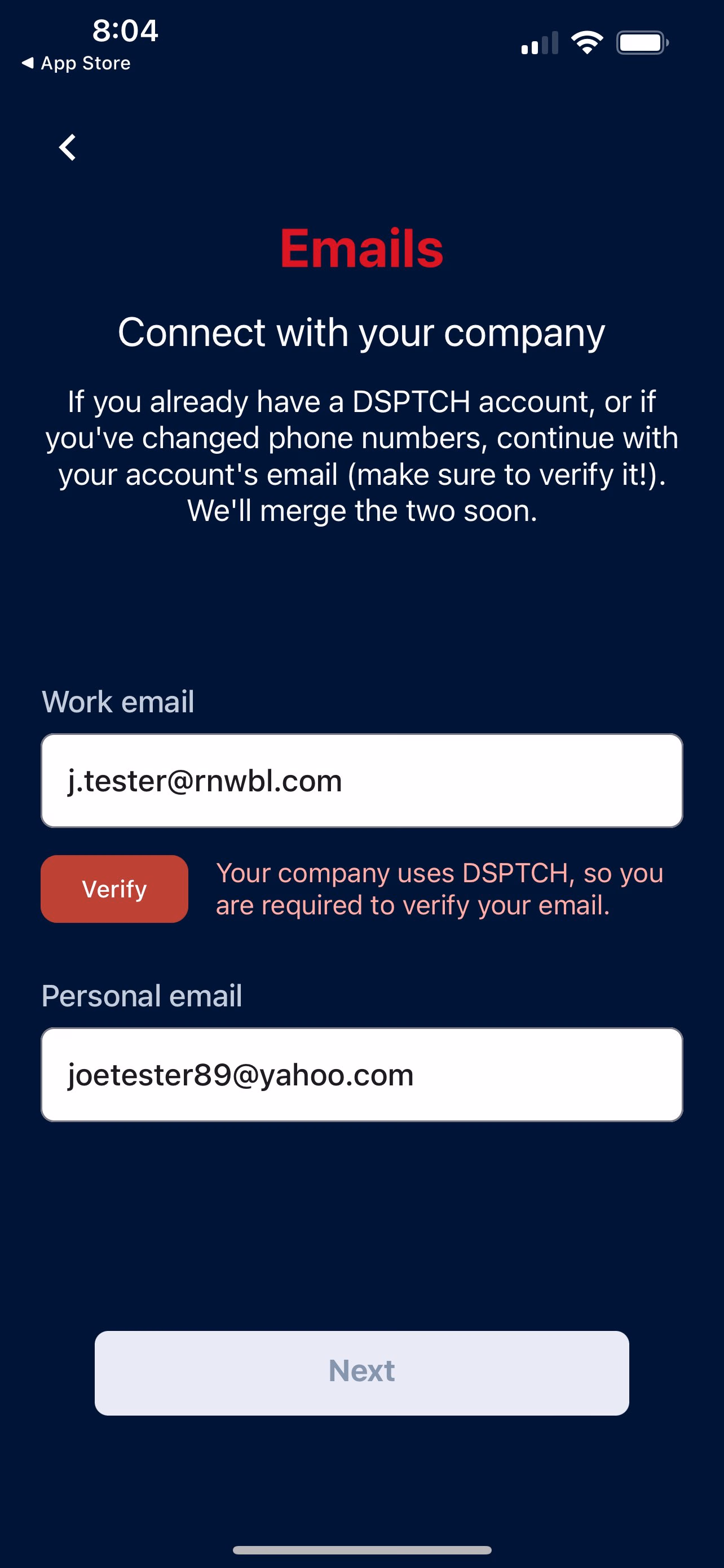 Emails screen showing company-required work email verification prompt
