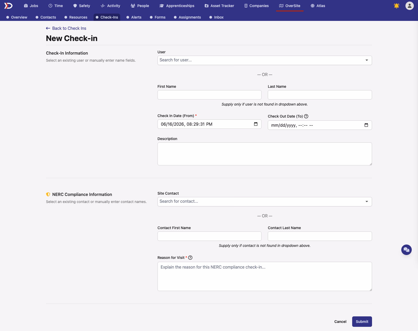 New Check-in form with Check-In Information and NERC Compliance Information sections