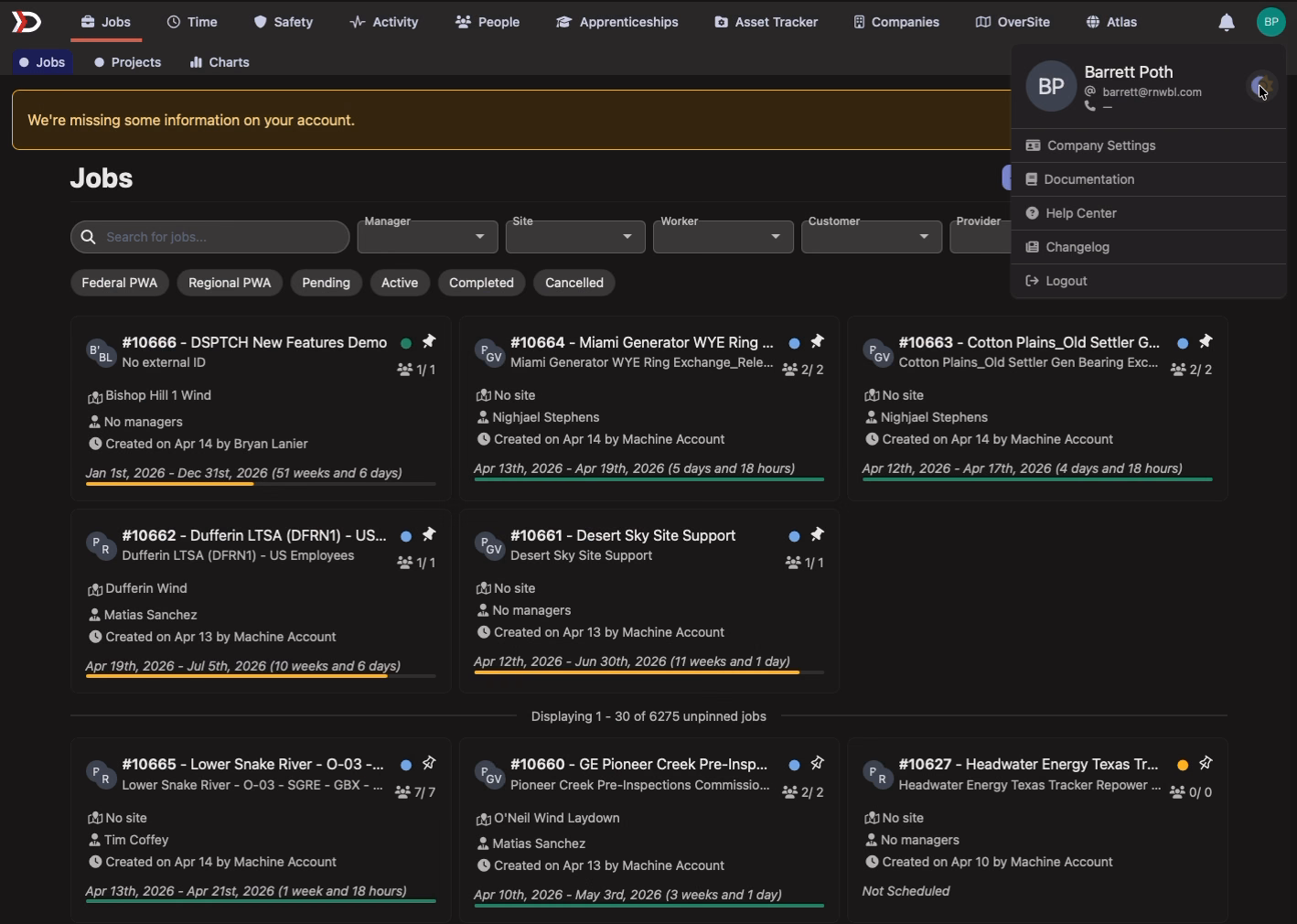 The DSPTCH Jobs page rendered in dark theme, with the profile menu open in the top-right corner where the light and dark switch now lives