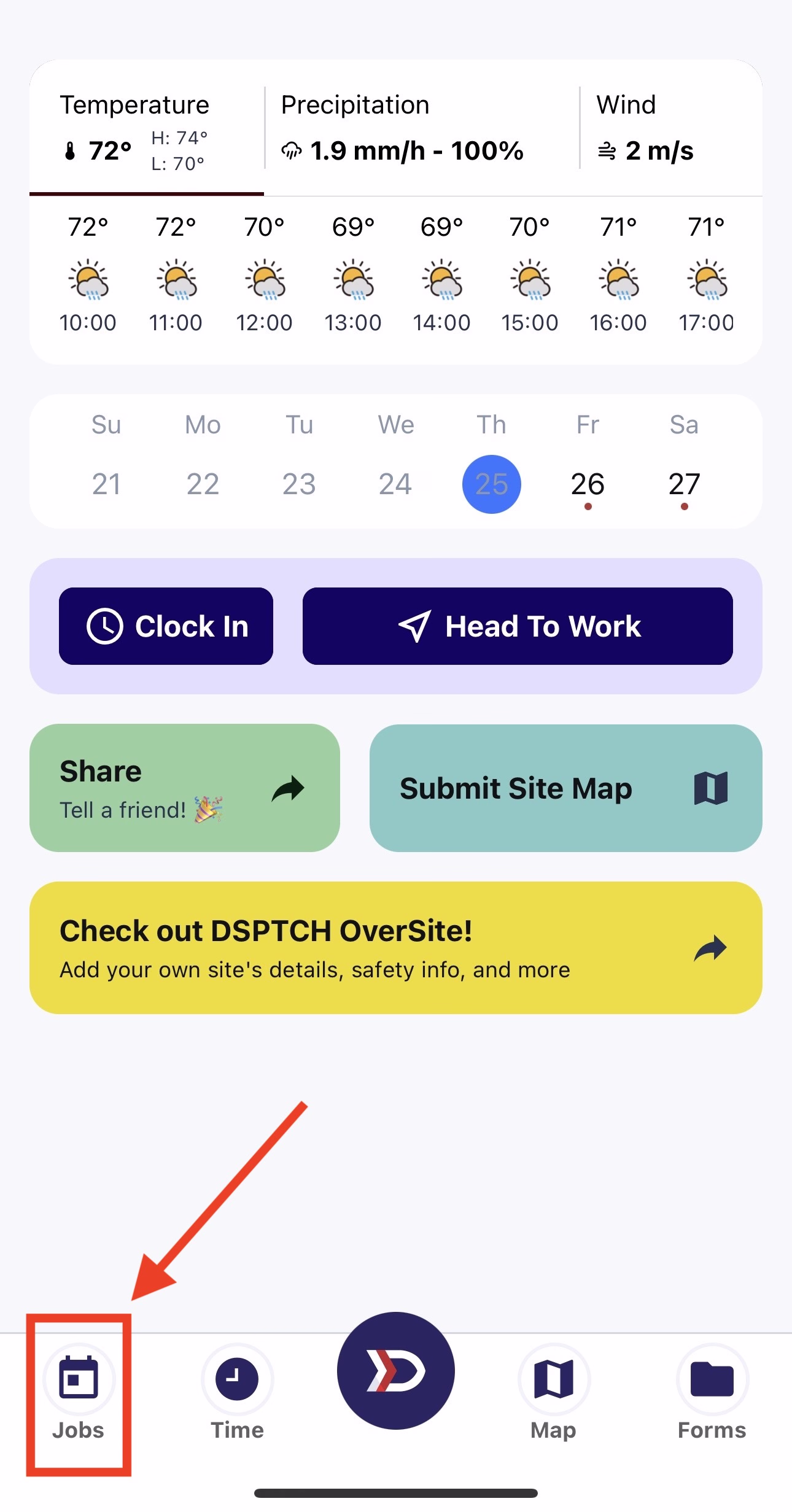 Mobile dashboard with the Jobs button highlighted in the bottom navigation bar