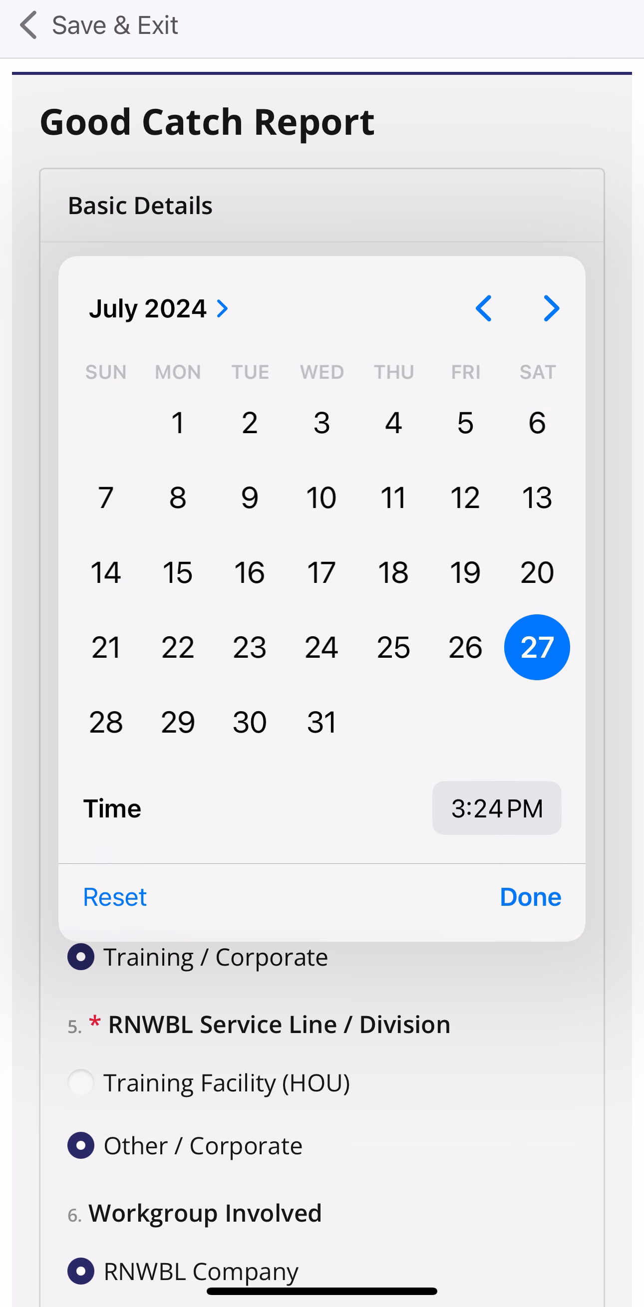 Date selector calendar showing month and day grid with time and Done button