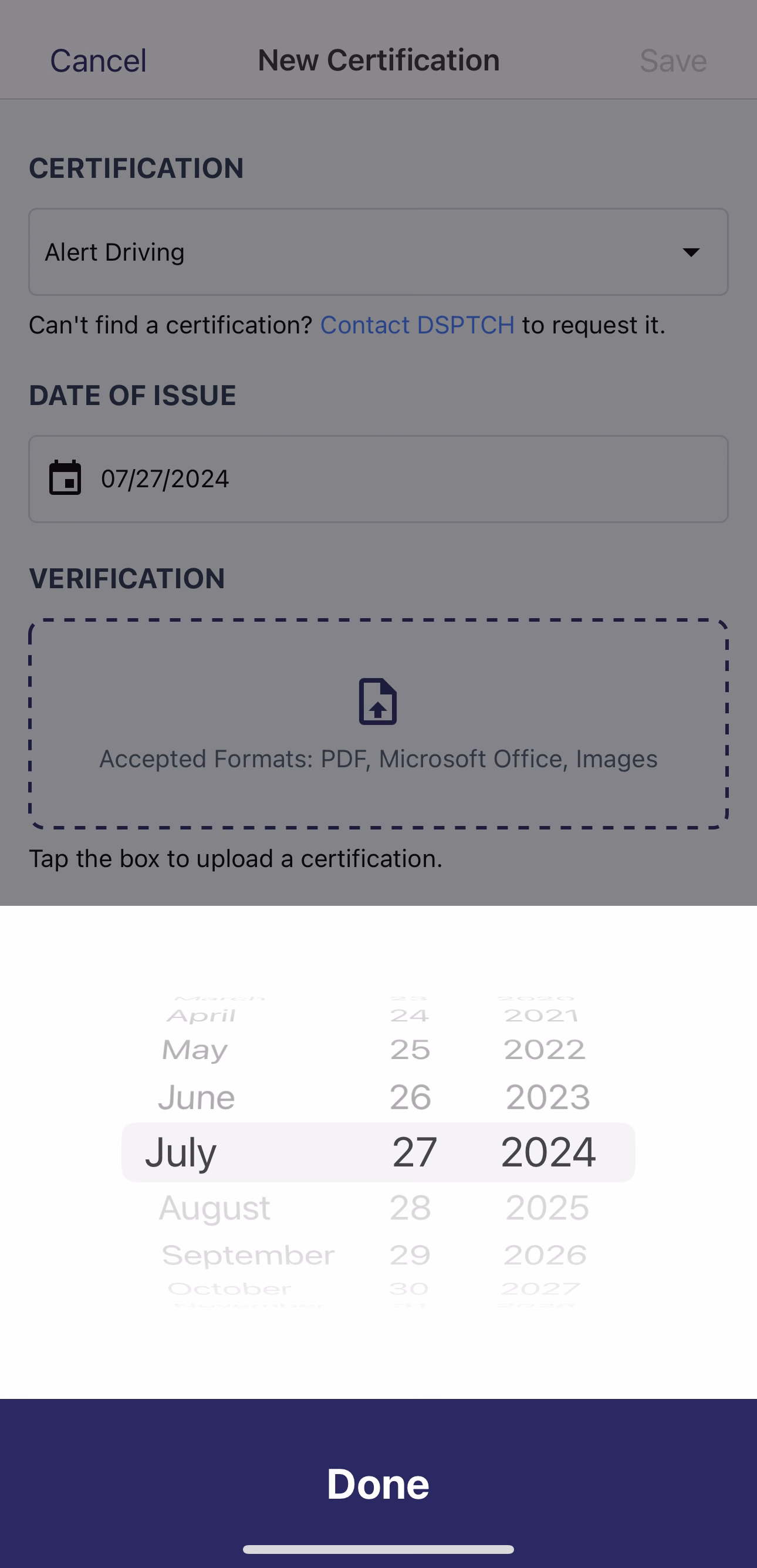 New Certification page with the Date of Issue picker open showing month, day, and year wheels