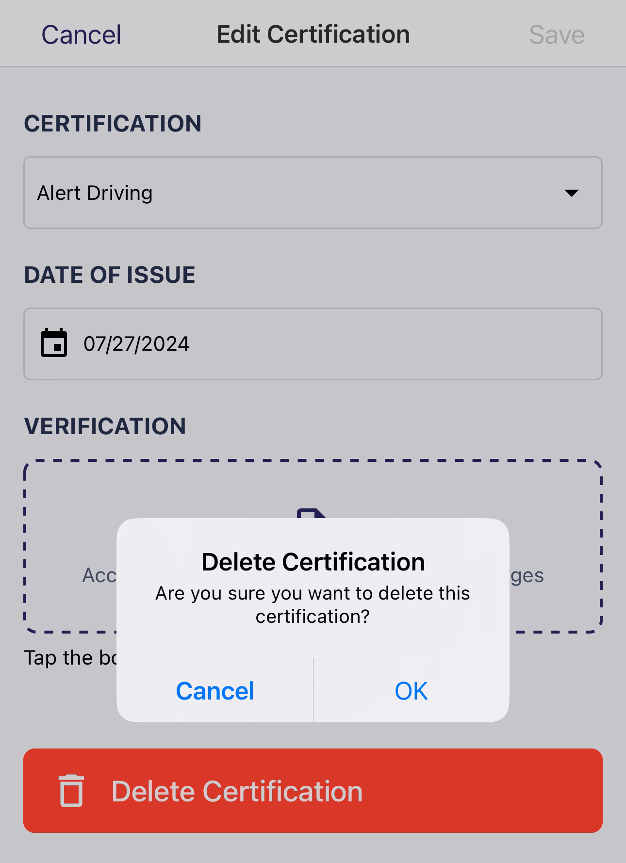 Delete Certification confirmation dialog with Cancel and OK buttons