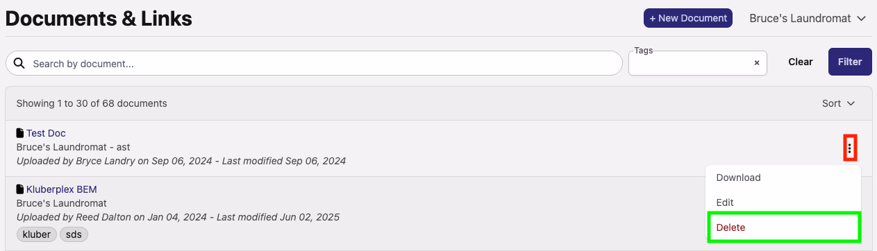Documents list with the three-dots menu open and the Delete option highlighted