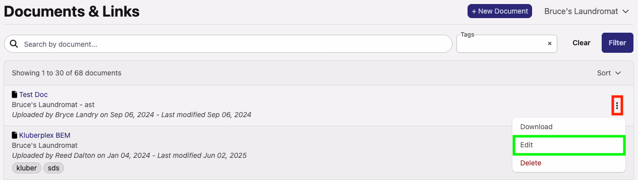 Documents list with the three-dots menu open and the Edit option highlighted