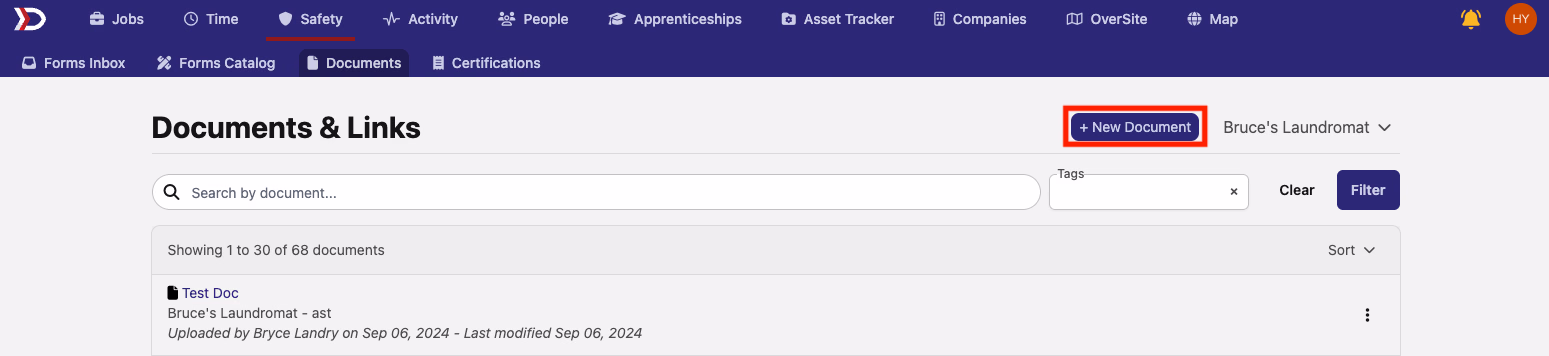 Documents and Links page with the New Document button highlighted in red