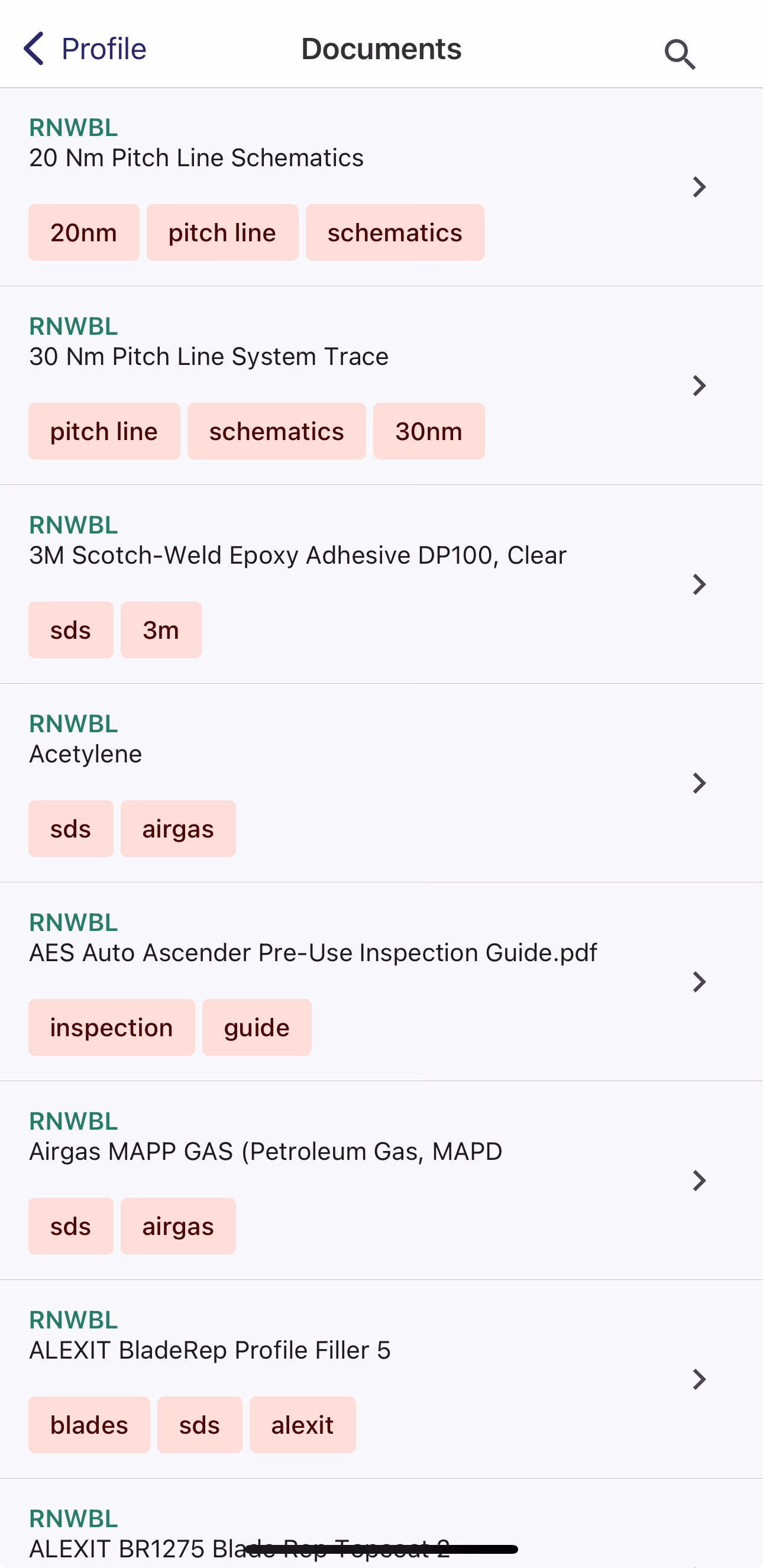 Documents page listing company documents with their tags