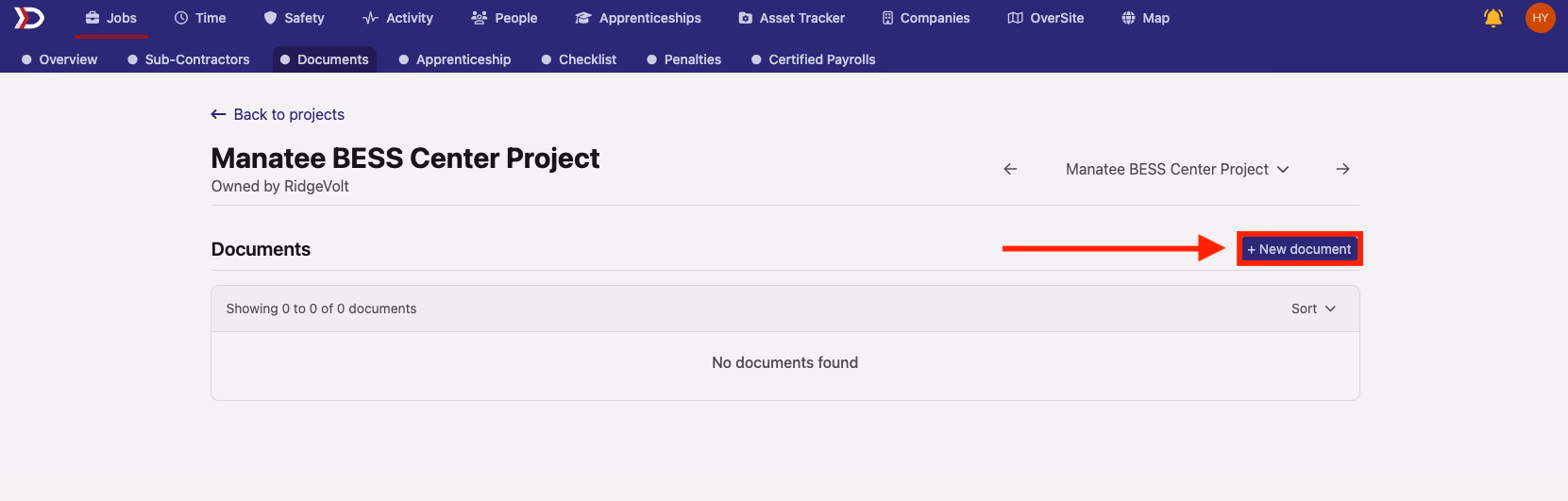 Documents tab with New Document button highlighted in top right