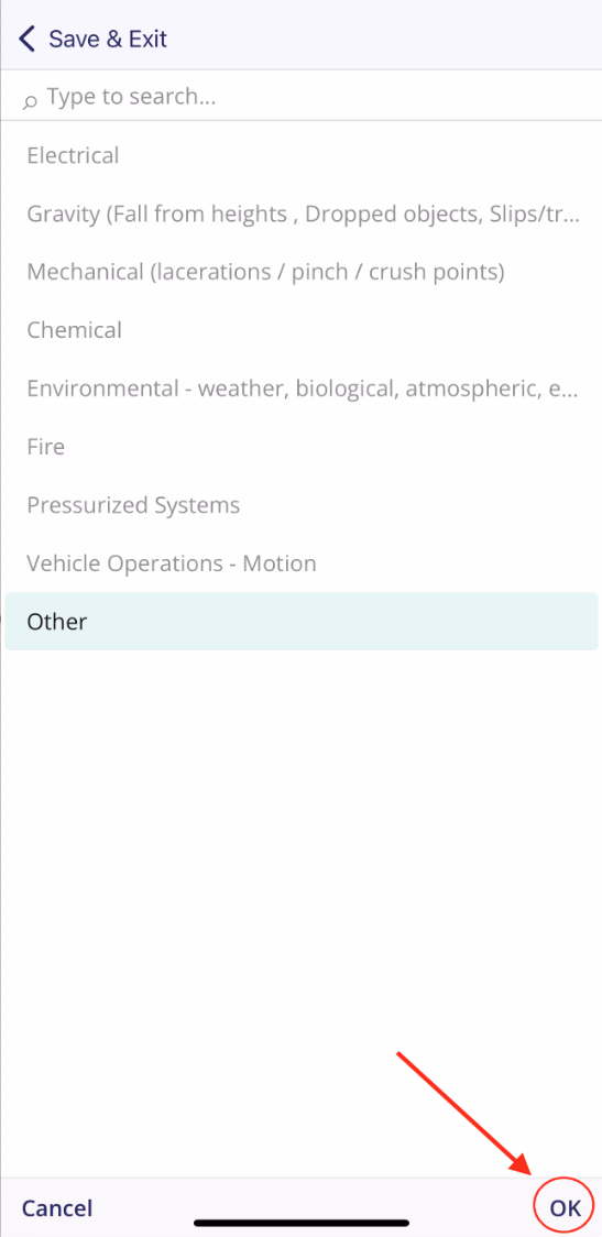 Dropdown options list with OK button in the bottom right to confirm selection