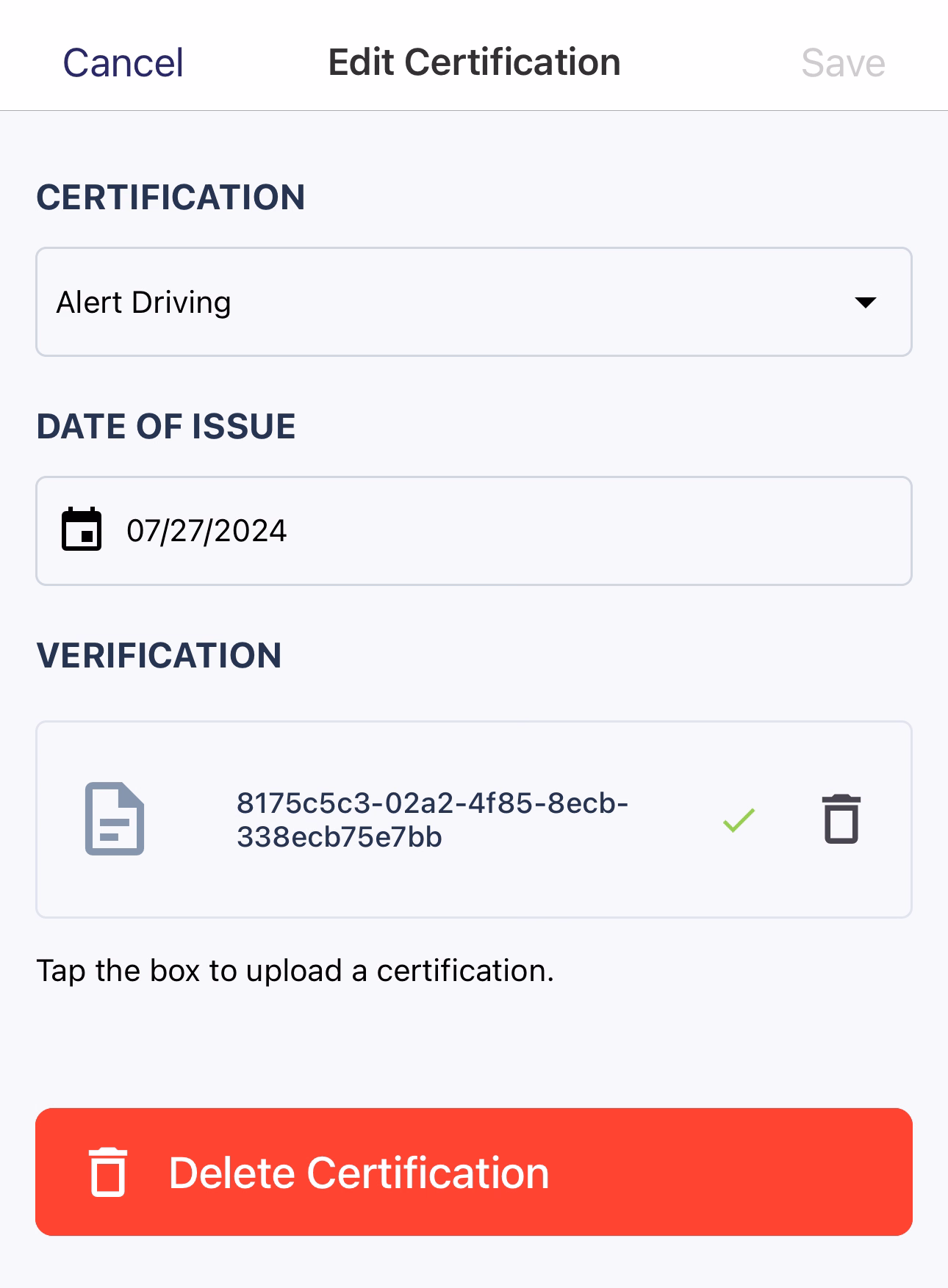 Edit Certification form with certification type, Date of Issue, uploaded verification file, and a Delete Certification button