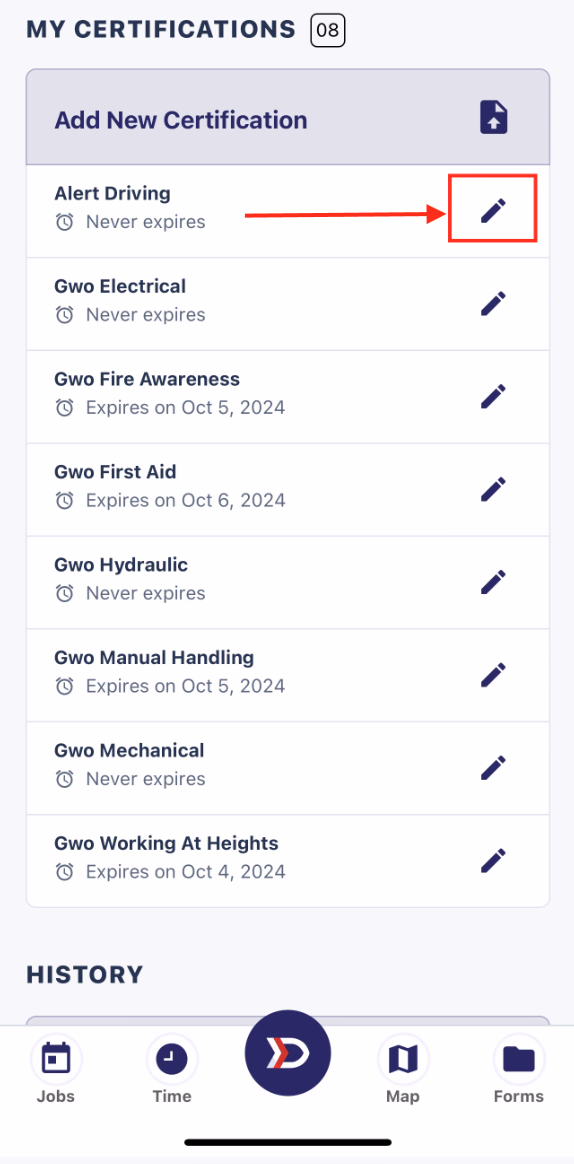 My Certifications list with the pencil edit icon for a certification highlighted in red