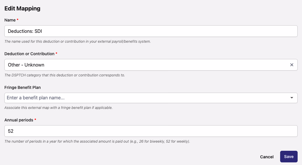 Edit Mapping form with name, deduction category, fringe benefit plan, and annual periods fields