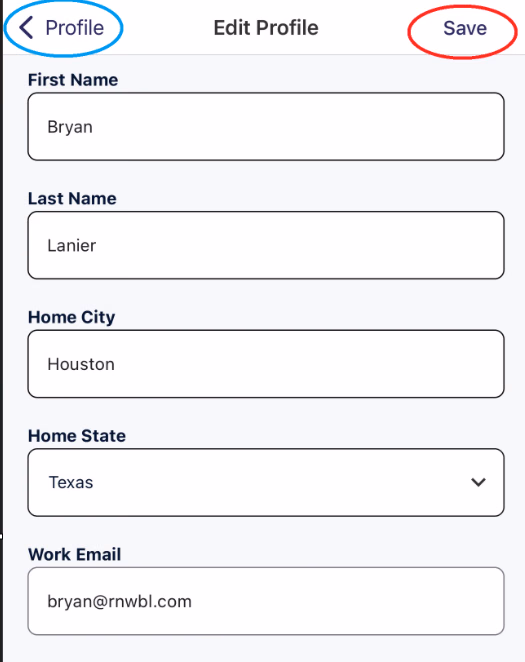 Edit Profile form with First Name, Last Name, Home City, Home State, and Work Email fields
