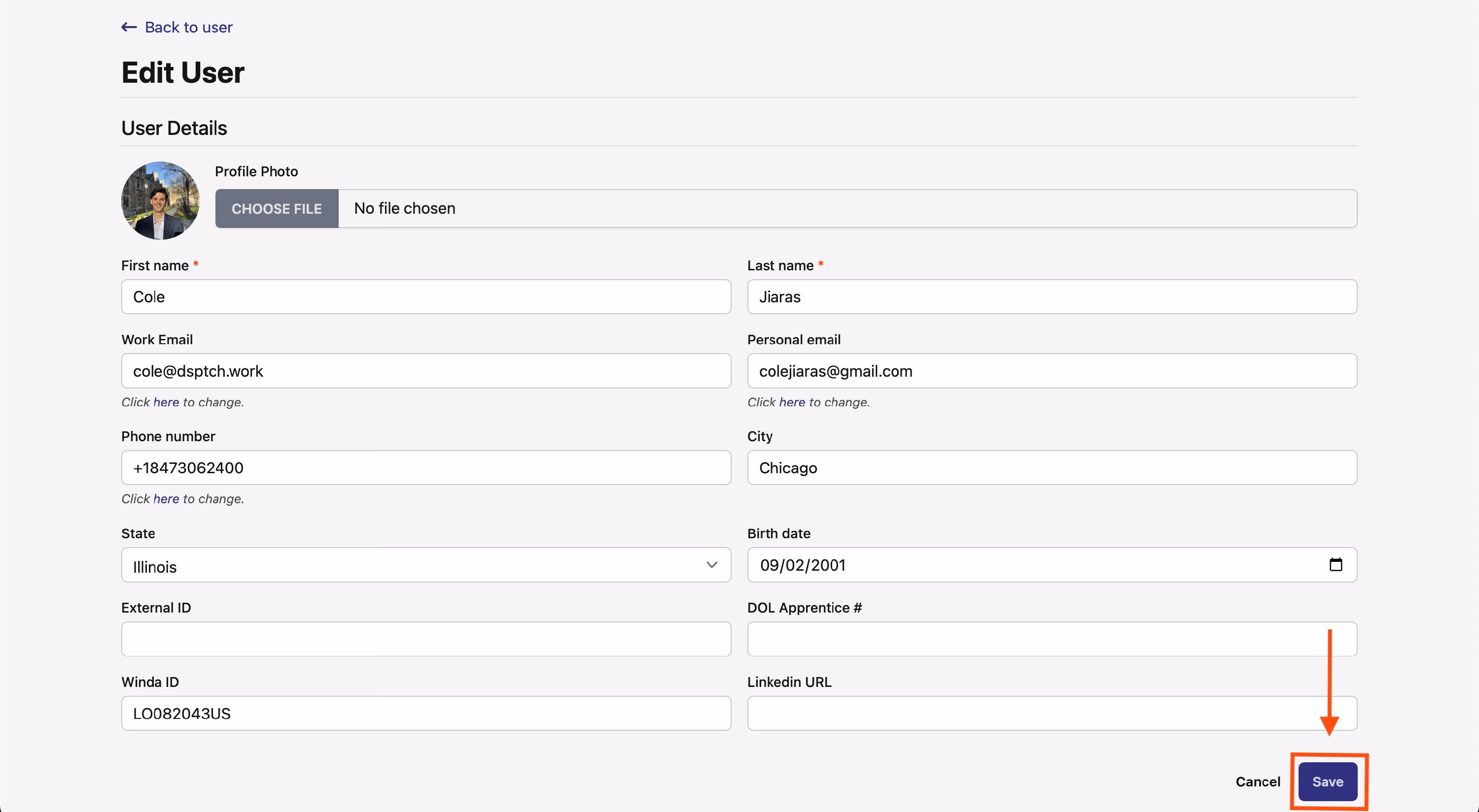 Edit User form showing personal details fields including name, email, and location