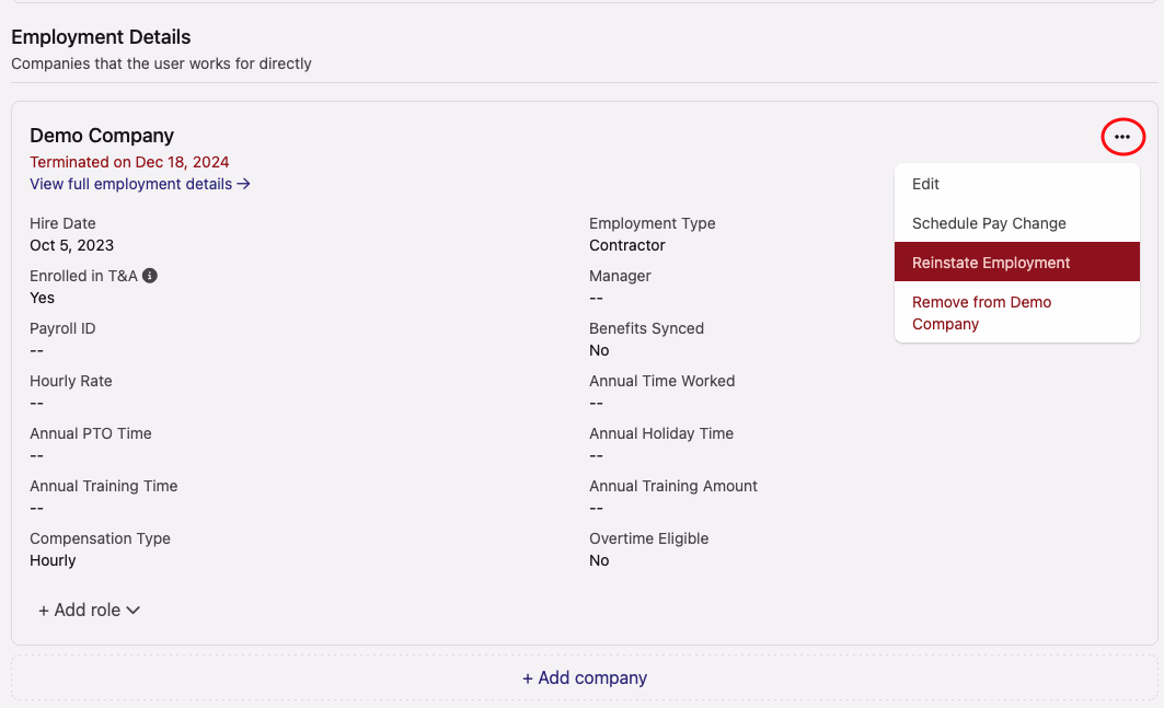 Employment Details section with the three-dot menu open showing Reinstate Employment highlighted
