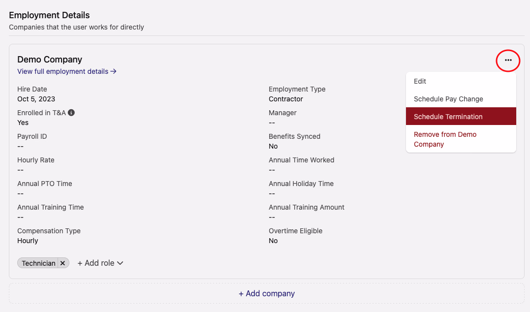 Employment Details section with the three-dot menu open showing Schedule Termination highlighted