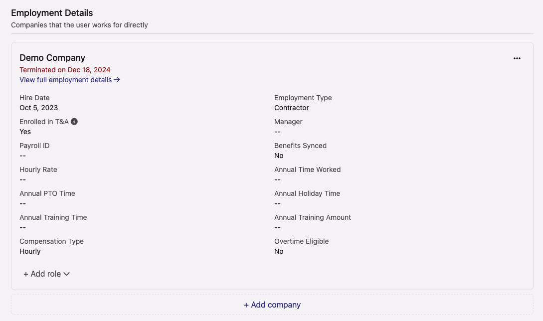Employment Details section showing a user terminated on Dec 18 2024 with no roles