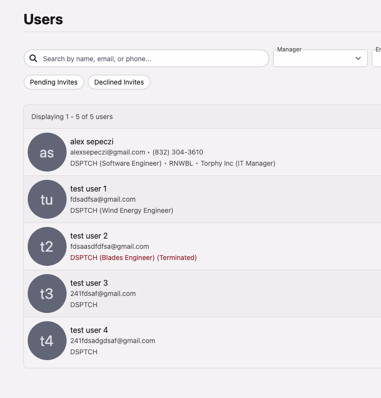 Users index showing each user's employment entries with titles in parentheses next to the company name — for example, alex sepeczi shows DSPTCH Software Engineer, RNWBL, Torphy Inc IT Manager