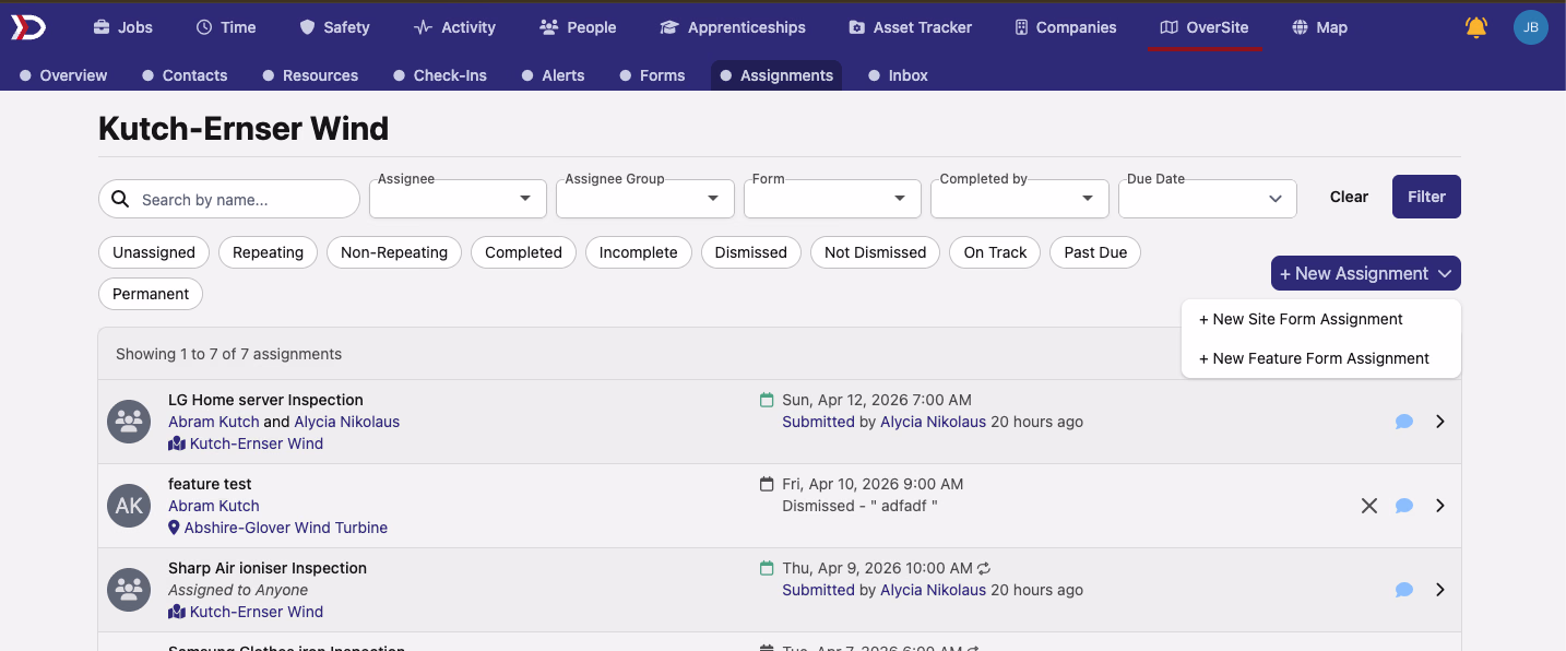 Feature form assignment dropdown on site tasks