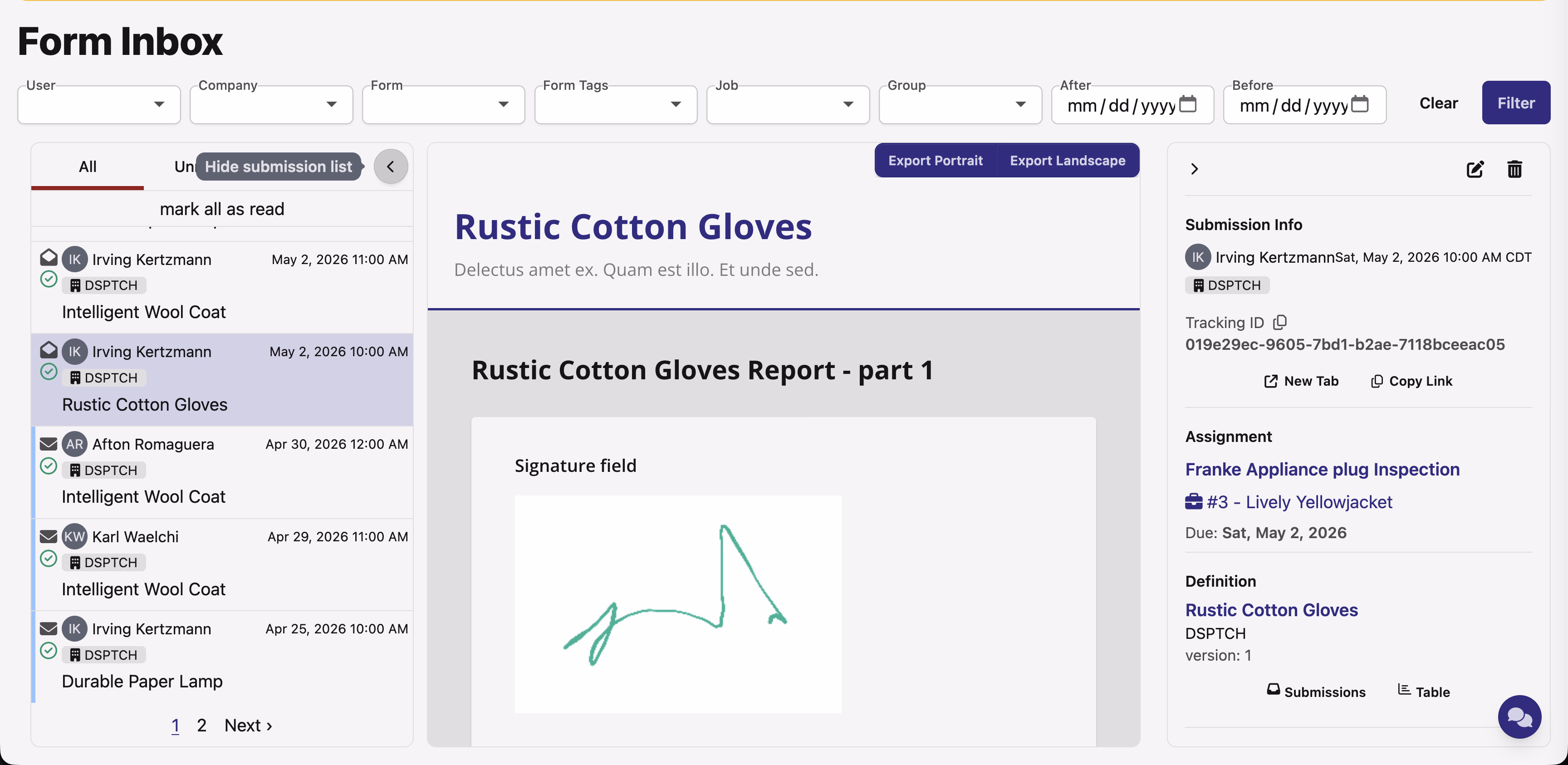 The form inbox with controls to collapse the submission list and details panes