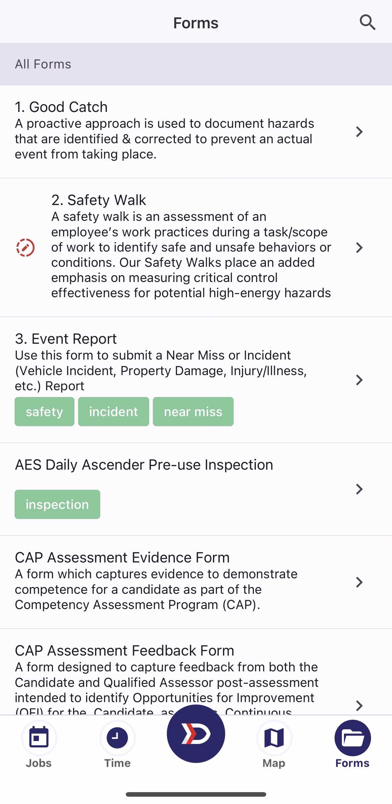 Forms list with dashed red circular indicator showing an active draft on Safety Walk