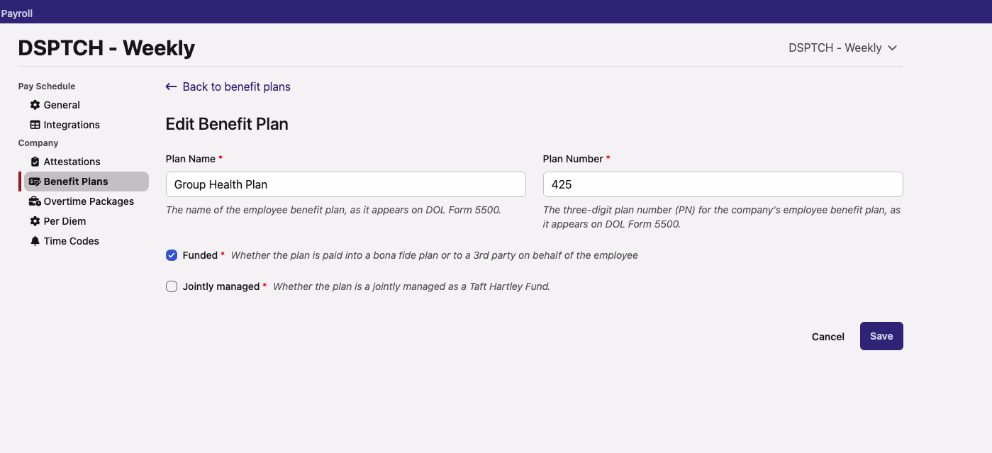 Edit Benefit Plan form with a new Jointly managed checkbox beneath the existing Funded checkbox