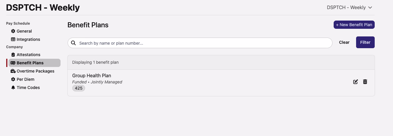 Benefit Plans list showing a Group Health Plan entry with "Funded · Jointly Managed" displayed as a secondary label