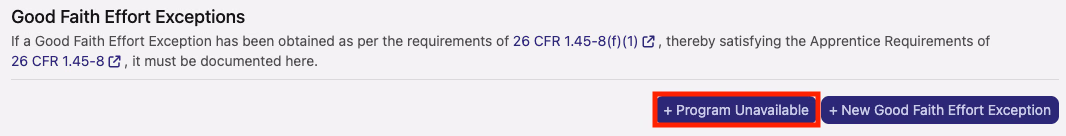 Good Faith Effort Exceptions dashboard with Program Unavailable button highlighted